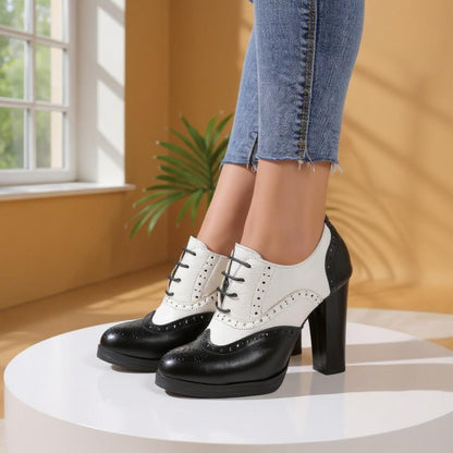 Black White Oxford Heels, Lace Up Brogue Shoes, Two Tone Block Heel