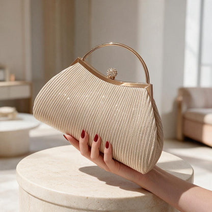 Champagne Gold Pleated Clutch, Top Handle Evening Bag, Wedding Guest Purse