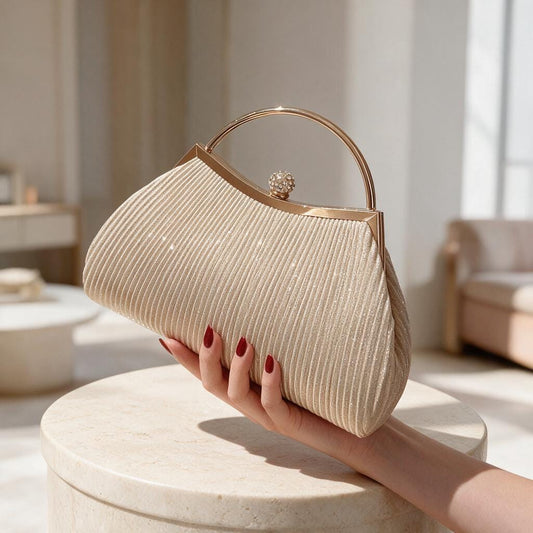 Champagne Gold Pleated Clutch, Top Handle Evening Bag, Wedding Guest Purse