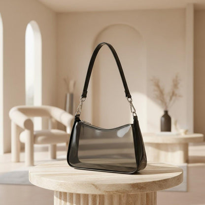 Black Clear Shoulder Bag, Transparent Purse for Women, See Through Handbag, Minimalist Zip Bag, Small Purse