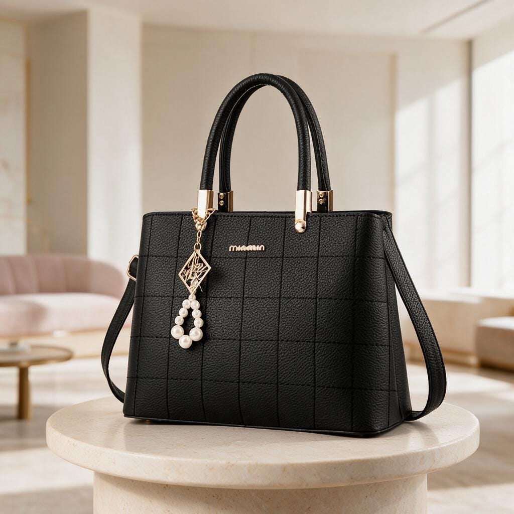Black Quilted Tote Bag, Pearl Charm Handbag, Structured Top Handle Purse, Women's Shoulder Bag, Elegant Crossbody Bag