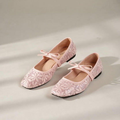 Pink Floral Mary Jane Flats, Balletcore Ribbon Bow Shoes, Embroidered Ballerina Flats