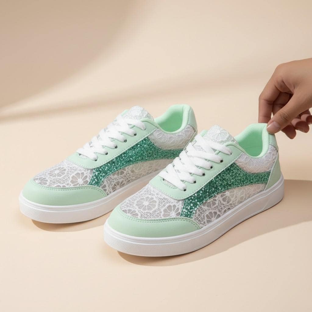 Mint Green Floral Sneakers, Women's Lace Shoes, Glitter Casual Trainers