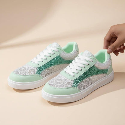 Mint Green Floral Sneakers, Women's Lace Shoes, Glitter Casual Trainers