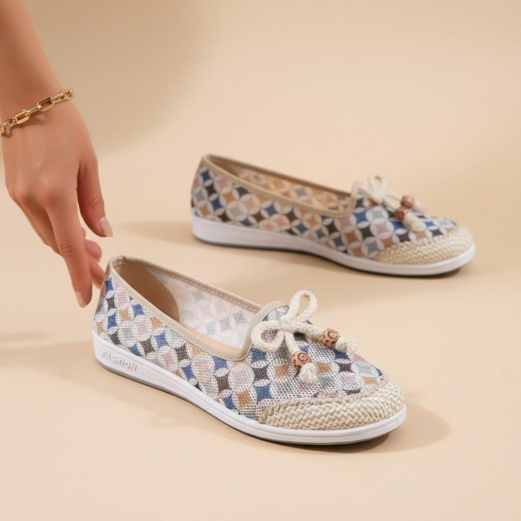 Woven Slip On Flats for Women, Geometric Floral Shoes, Casual Summer Loafers with Bow