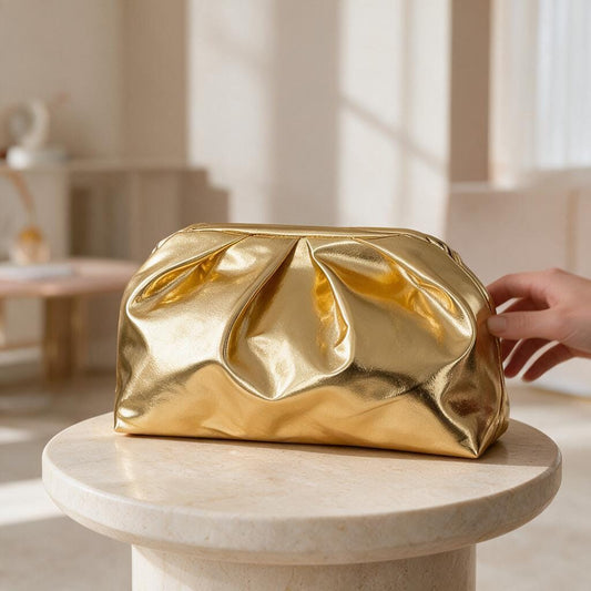 Metallic Gold Clutch Bag, Ruched Evening Purse, Gold Statement Handbag, Glam Party Bag, Elegant Wedding Guest Purse