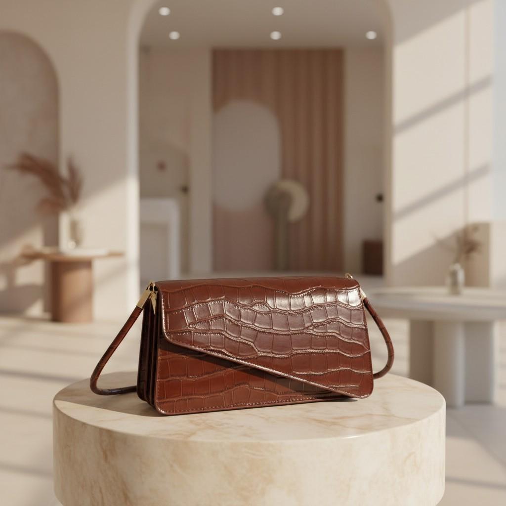 Brown Croc Print Handbag, Structured Flap Purse for Women, Long Handle Shoulder Bag
