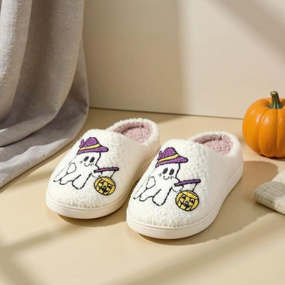 Halloween Ghost Slippers, Cute Pumpkin House Shoes, Fuzzy Spooky Slippers