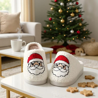 Santa Claus Slippers, Fuzzy Christmas House Shoes, Plush Holiday Slippers