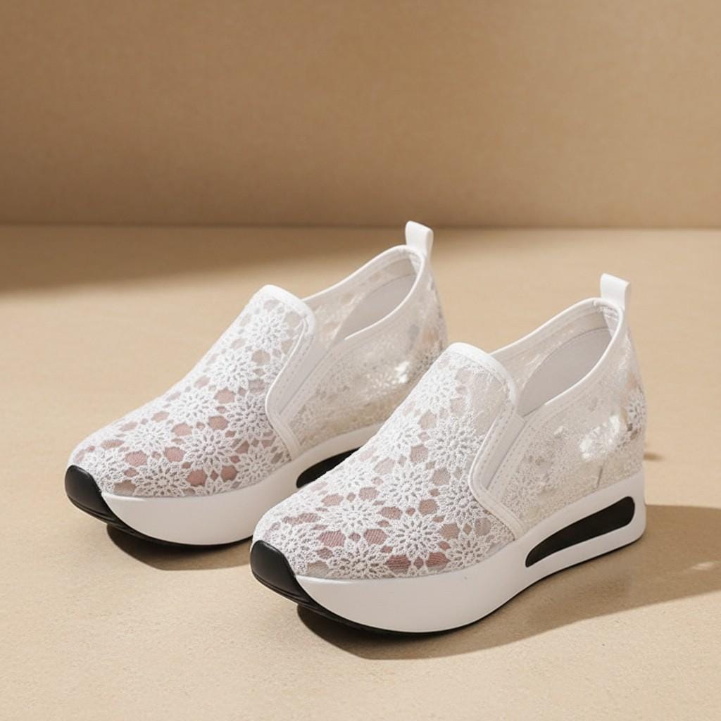 White Lace Bridal Wedge Sneakers, Floral Platform Wedding Shoes