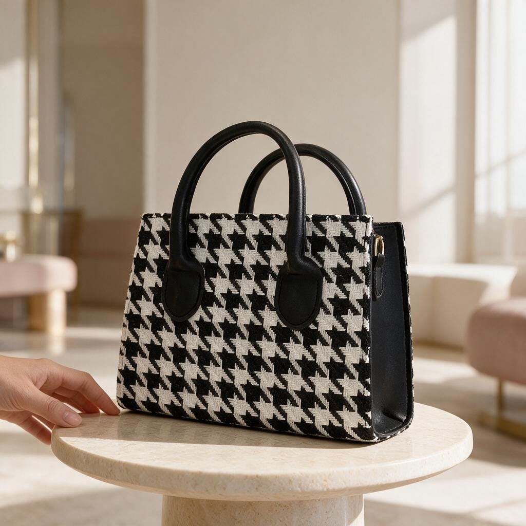 Houndstooth Handbag, Black White Top Handle Purse, Structured Shoulder Bag, Elegant Womens Handbag, Classic Checkered Purse