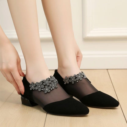 Black Mesh Pumps for Women, Pointed Toe Embellished Heels, Elegant Dress Shoes