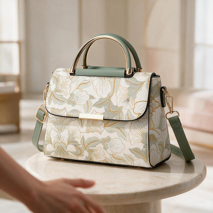 Sage Green Floral Handbag, Structured Satchel Purse, Floral Shoulder Bag, Top Handle Crossbody Bag, Elegant Women's Purse