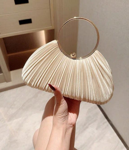 Ivory Pleated Clutch Bag, Ring Handle Evening Purse, Satin Shell Bag, Elegant Wedding Guest Handbag, Bridal Party Purse