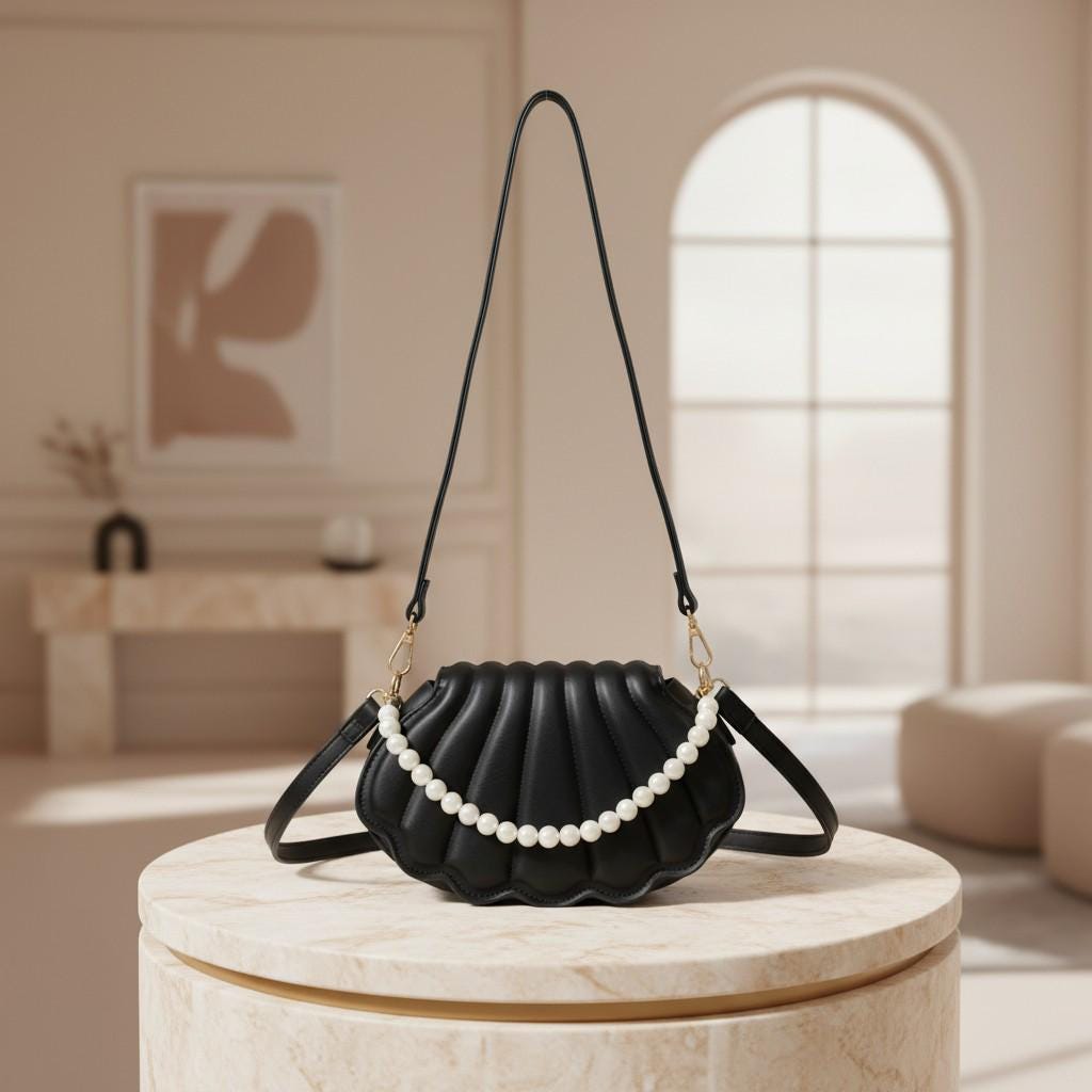 Black Shell Shoulder Bag, Pearl Detail Crossbody Purse, Scalloped Quilted Handbag, Elegant Evening Bag