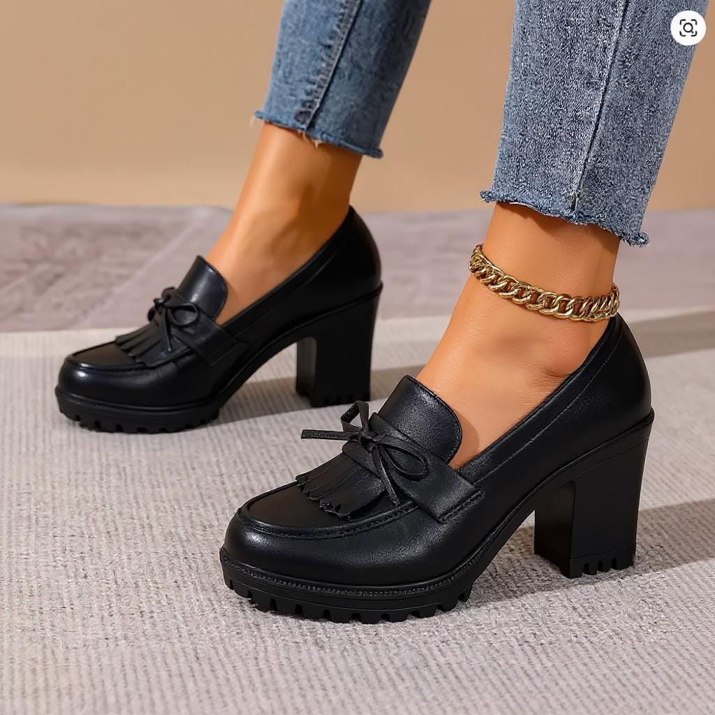Black Chunky Loafers, Tassel Heeled Loafers, Platform Block Heel Dress Shoes