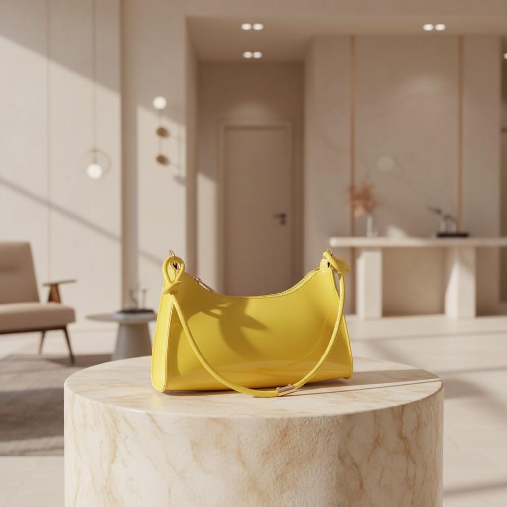 Yellow Baguette Shoulder Bag, Glossy Yellow Purse, Y2K Handbag, Bright Yellow Underarm Bag, Trendy Women's Bag