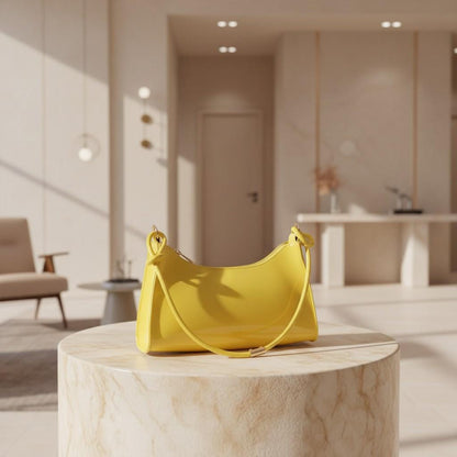 Yellow Baguette Shoulder Bag, Glossy Yellow Purse, Y2K Handbag, Bright Yellow Underarm Bag, Trendy Women's Bag