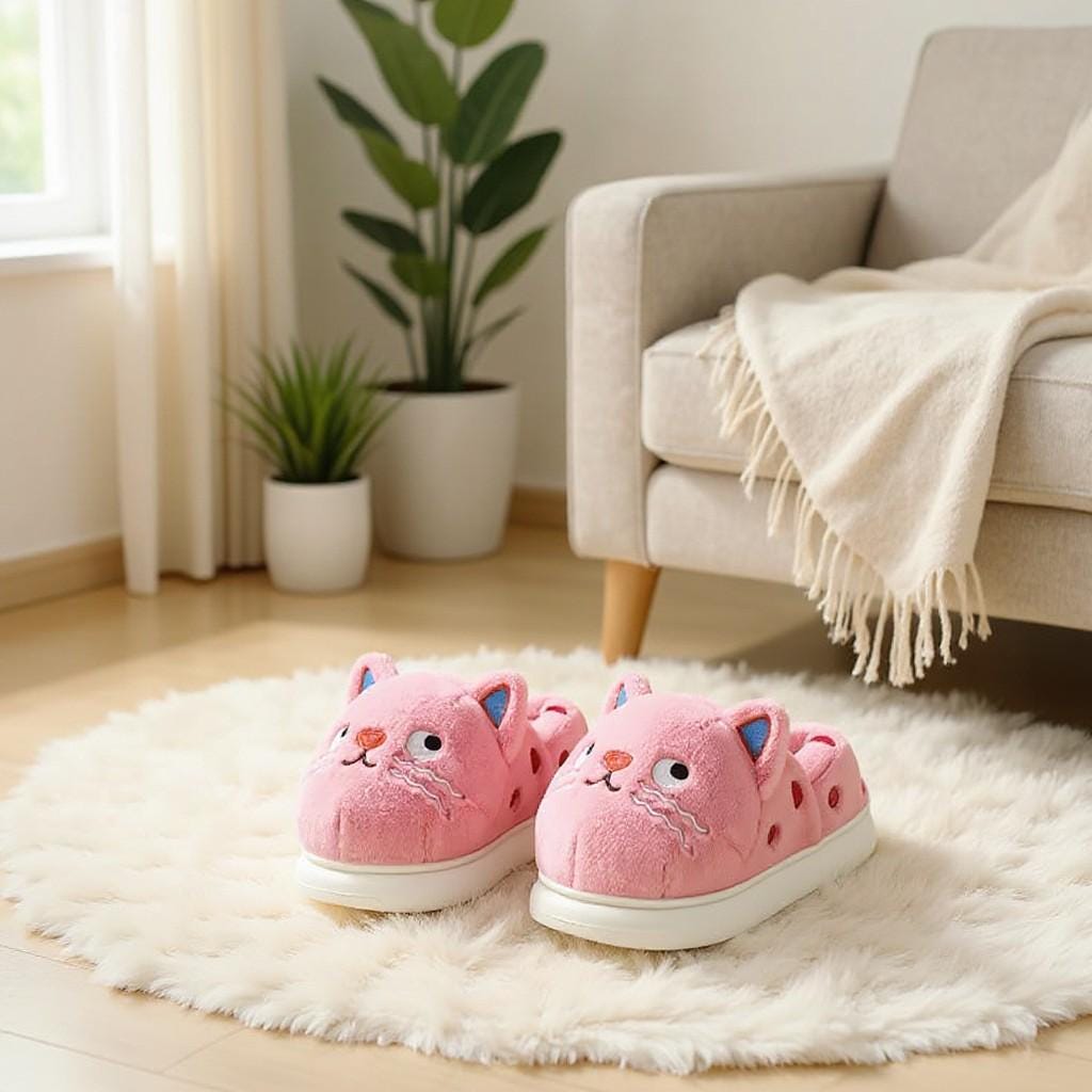 Cat Slippers, Pink Plush House Shoes, Kawaii Fuzzy Cat Slippers