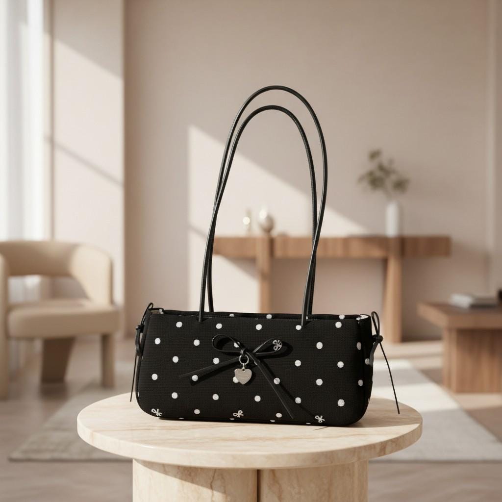 Black Polka Dot Shoulder Bag, Bow Detail Purse, Cute Heart Charm Handbag, Y2K Underarm Bag, White Dot Women's Bag