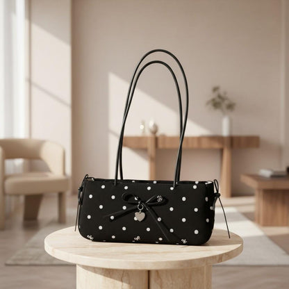 Black Polka Dot Shoulder Bag, Bow Detail Purse, Cute Heart Charm Handbag, Y2K Underarm Bag, White Dot Women's Bag