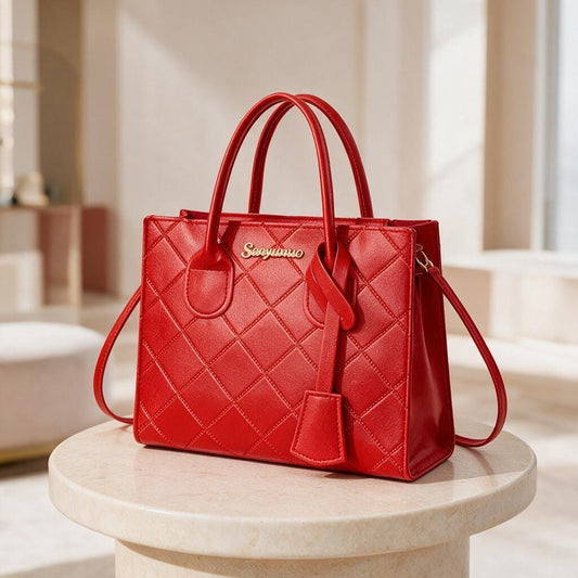 Red Quilted Tote Bag, Diamond Stitch Handbag, Structured Shoulder Bag, Red Purse, Everyday Carryall, Elegant Women’s Handbag