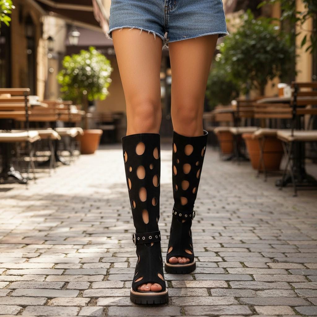 Black Cutout Knee High Boots, Open Toe Flat Boots with Buckle Straps