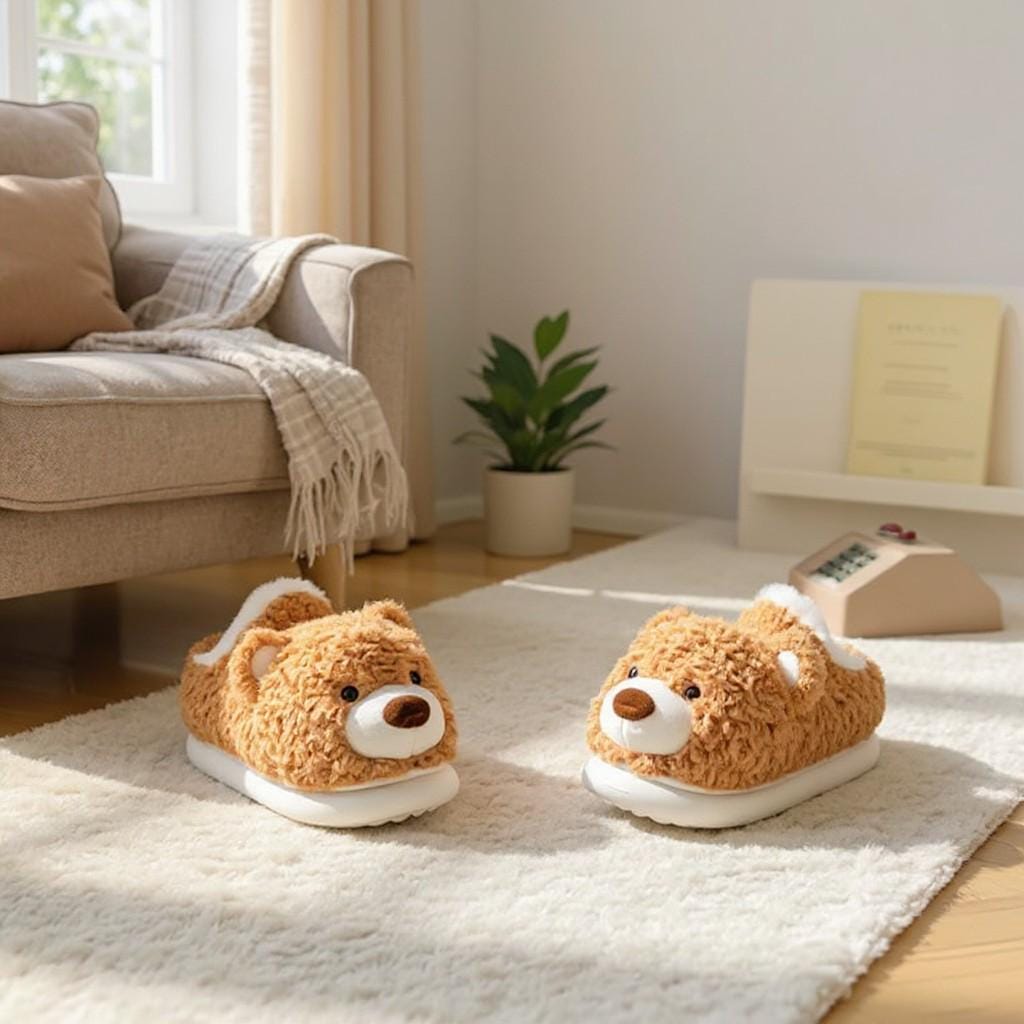 Teddy Bear Slippers, Plush Brown Bear House Shoes, Fuzzy Cozy Slippers