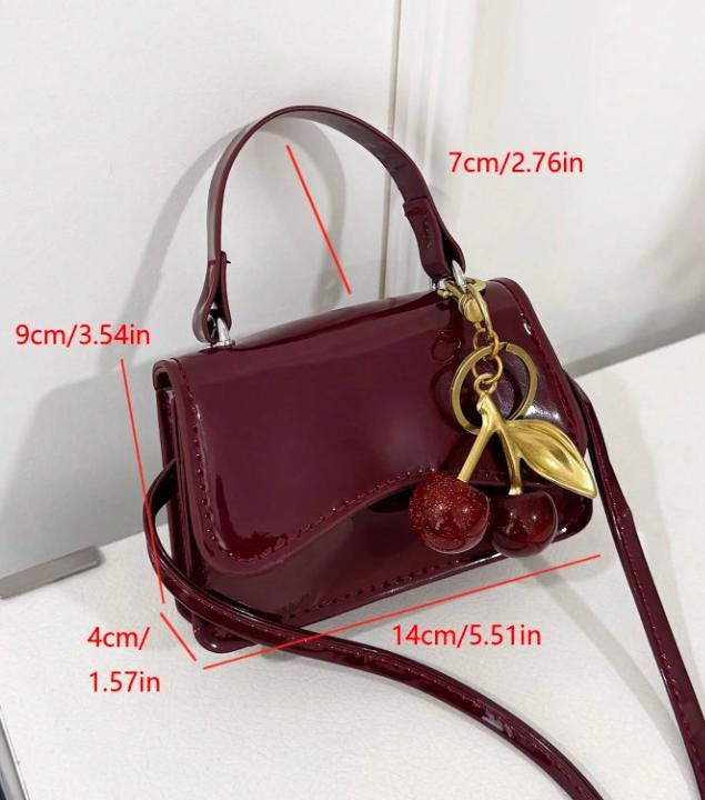 Burgundy Baguette Bag, Cherry Charm Purse, Glossy Top Handle Handbag, Y2K Shoulder Bag