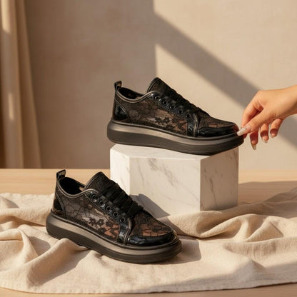 Black Lace Platform Sneakers, Women's Chunky Lace-Up Shoes
