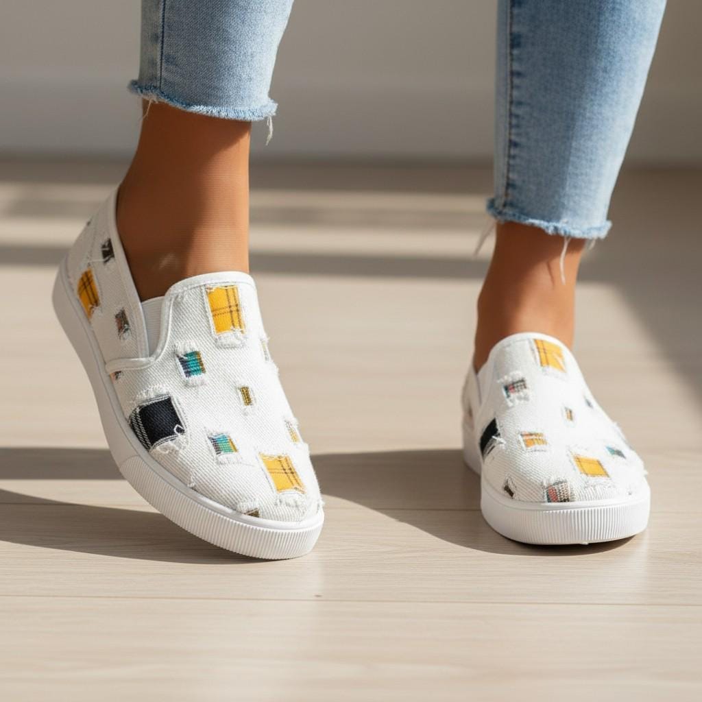 Women's Geometric Slip On Sneakers, White Patterned Casual Shoes, Colorful Low Top Everyday Footwear