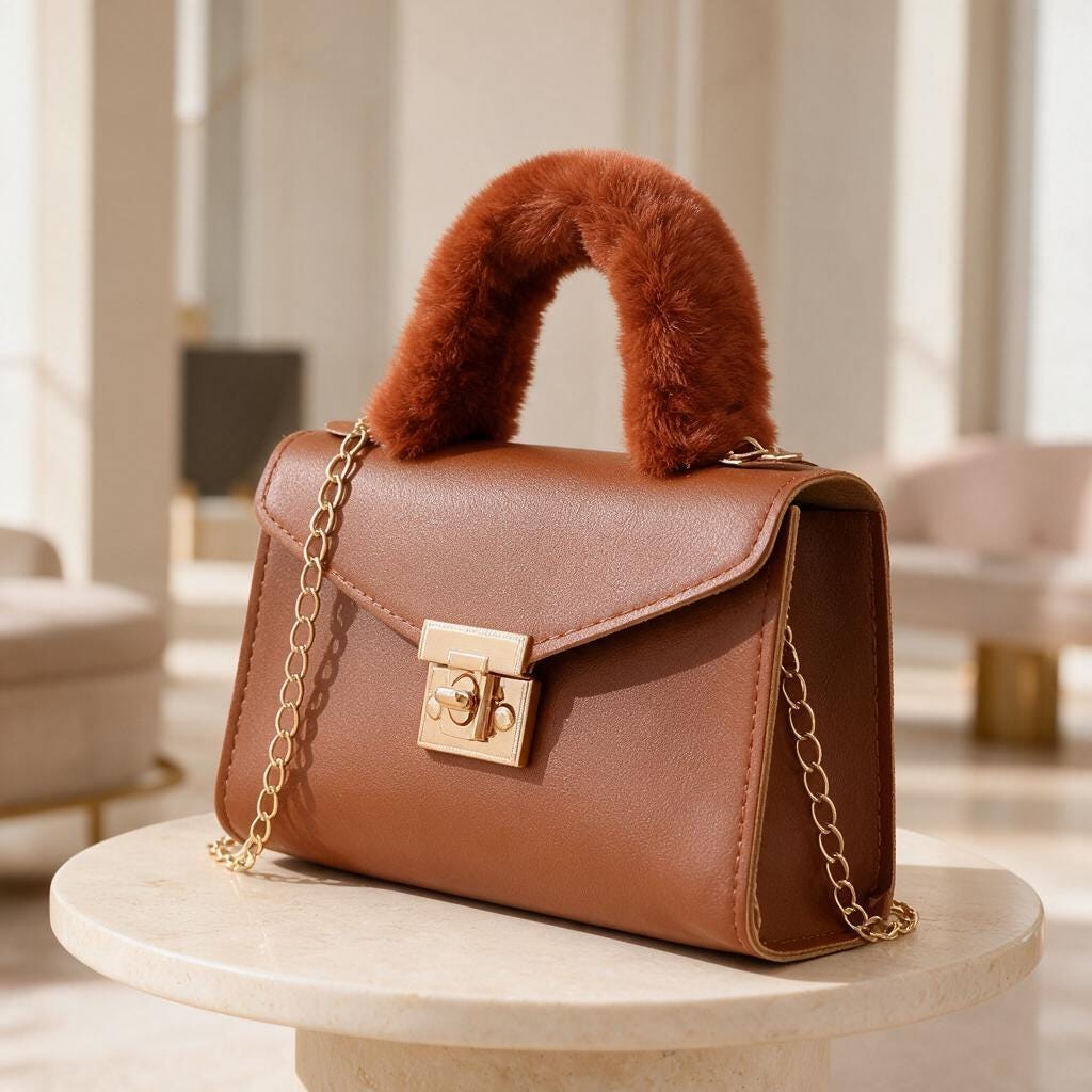 Brown Top Handle Bag, Faux Fur Handle Handbag, Cognac Shoulder Bag, Structured Purse, Chain Strap Handbag, Elegant Bag