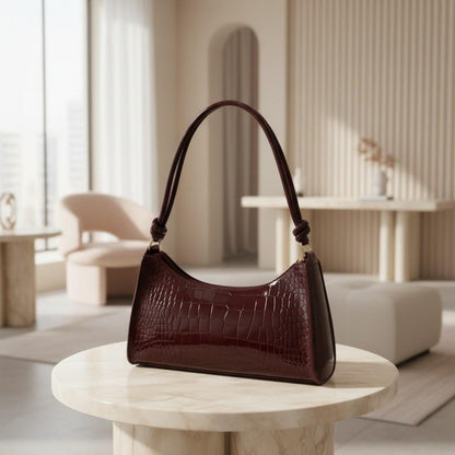 Burgundy Croc Shoulder Bag, Glossy Hobo Purse for Women, Small Baguette Handbag, Trendy Evening Bag