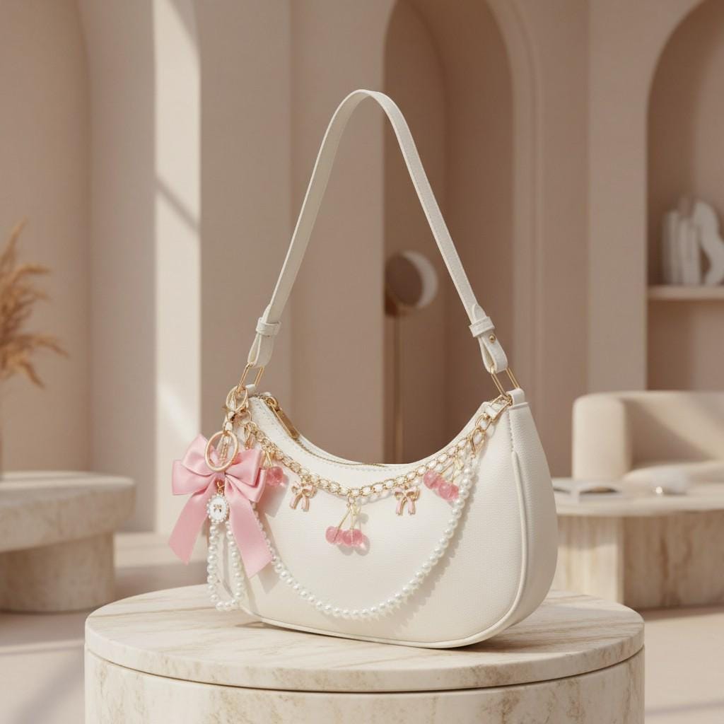 White Coquette Shoulder Bag, Pearl Bow Cherry Purse, Y2K Baguette Handbag, Kawaii Summer Crossbody