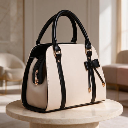 Cream Black Handbag, Two Tone Bow Purse, Structured Satchel Bag, Black Trim Top Handle Bag, Elegant Women's Handbag