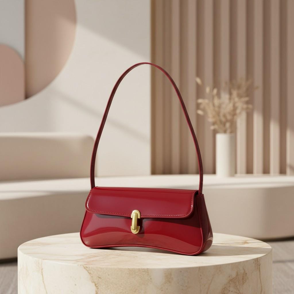 Burgundy Shoulder Bag, Red Baguette Purse, Glossy Evening Handbag, Mini Flap Bag, Chic Date Night Purse