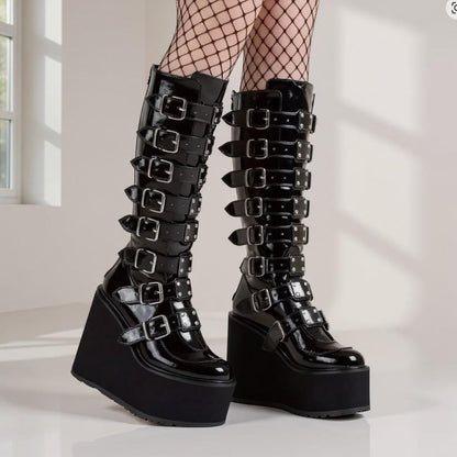 Black Gothic Platform Boots, Buckle Strap Knee High Boots, Punk Wedge Boots, Women's Alternative Footwear