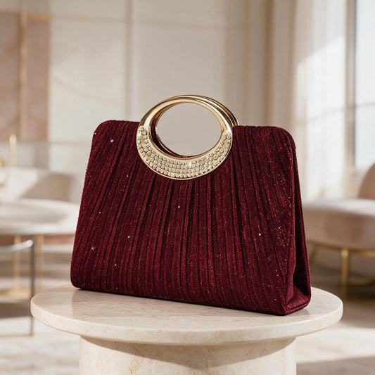 Burgundy Evening Clutch, Wine Red Party Purse, Rhinestone Ring Handle Bag, Elegant Wedding Guest Handbag, Statement Clutch