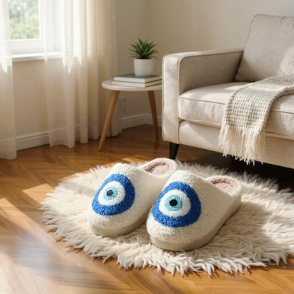Evil Eye Slippers, Nazar Blue Eye Fuzzy House Shoes, Plush Cozy Slippers