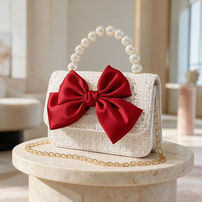 Pearl Handle Clutch, Red Bow Handbag, Ivory Evening Bag, Bridal Purse, Wedding Clutch, Chain Strap Party Bag