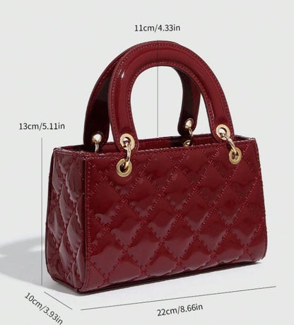 Burgundy Patent Handbag, Quilted Top Handle Purse, Cherry Charm Crossbody Bag, Red Shoulder Bag, Elegant Women’s Handbag