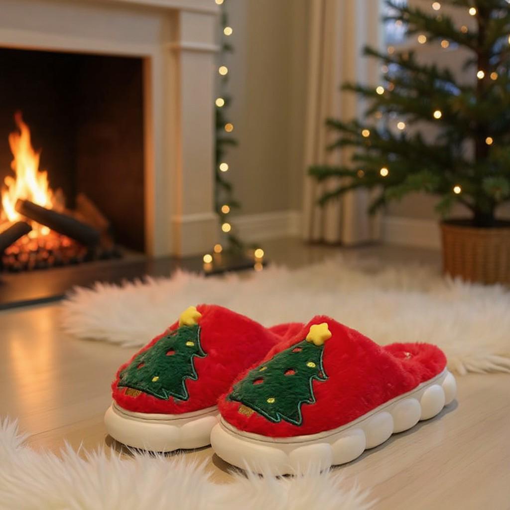 Christmas Tree Slippers, Red Fuzzy House Shoes, Cozy Holiday Slippers
