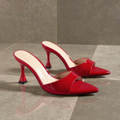 Red Patent Leather Mule Heels, Peep Toe Slip On Shoes, High Heel Dress Mules, Elegant Red Pumps