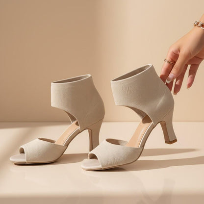 Beige Peep Toe Heels for Women, Nude Ankle Cuff Sandals, High Heel Summer Shoes