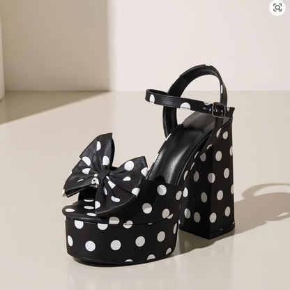 Black Polka Dot Platform Heels, Bow High Heel Sandals, White Dot Chunky Heels, Women's Statement Shoes