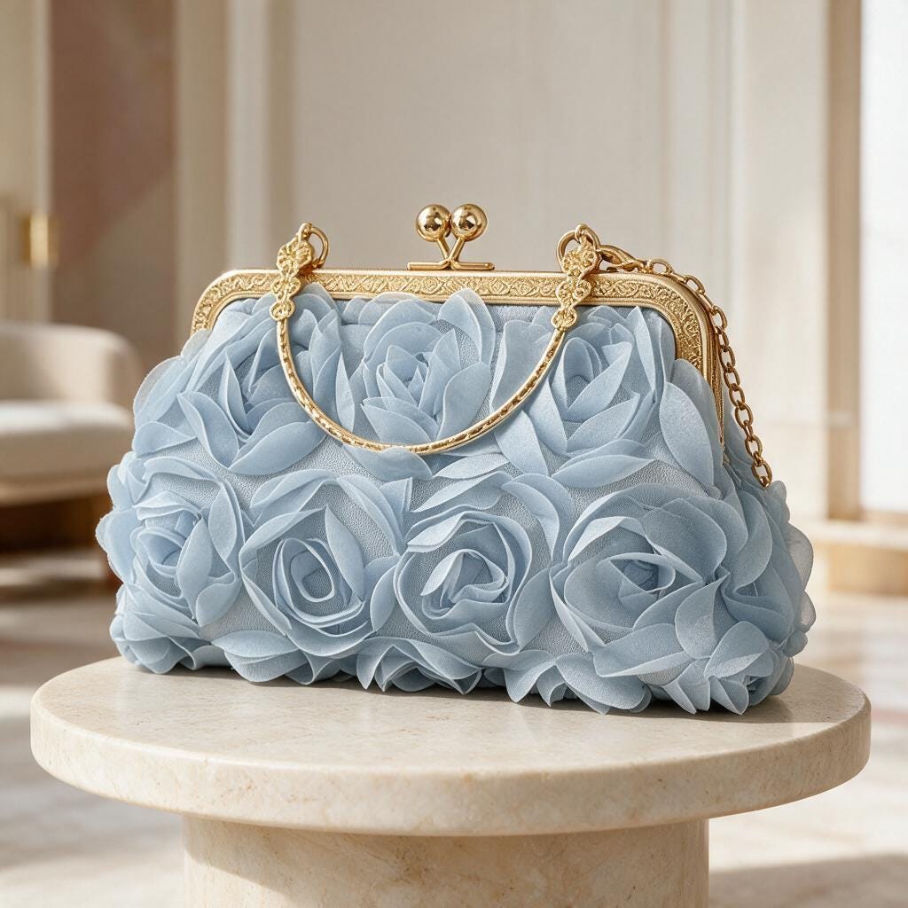 Light Blue Floral Clutch, 3D Flower Evening Bag, Powder Blue Wedding Purse, Bridal Clutch, Kiss Lock Chain Handbag