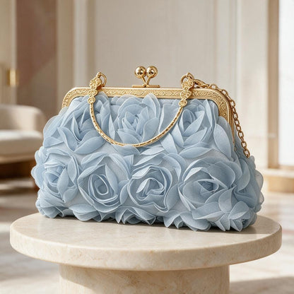 Light Blue Floral Clutch, 3D Flower Evening Bag, Powder Blue Wedding Purse, Bridal Clutch, Kiss Lock Chain Handbag