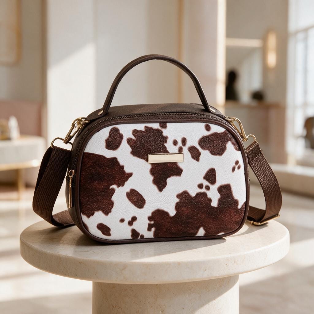 Cow Print Crossbody Bag, Brown White Shoulder Bag, Cow Print Purse, Mini Handbag, Structured Shoulder Purse, Everyday Bag