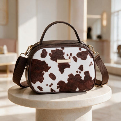 Cow Print Crossbody Bag, Brown White Shoulder Bag, Cow Print Purse, Mini Handbag, Structured Shoulder Purse, Everyday Bag