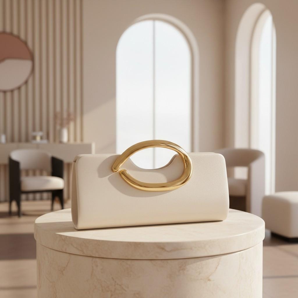 Ivory Clutch Bag, White Evening Purse, Gold Ring Handle Bag, Wedding Guest Clutch, Elegant Bridal Bag, Formal Party Purse